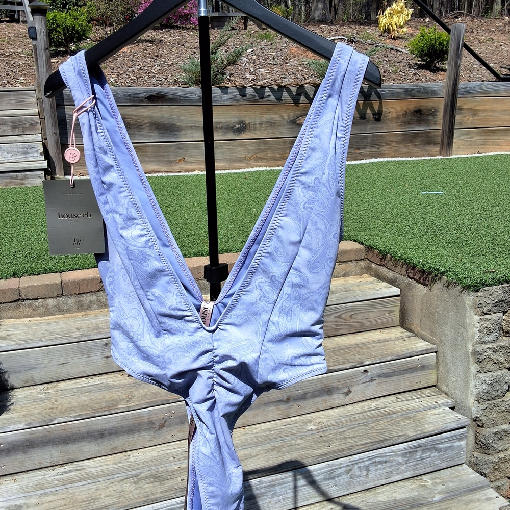House of CB Blue Paisley One Piece Swimsuit Plunge Cut Out Lavender Size M NWT